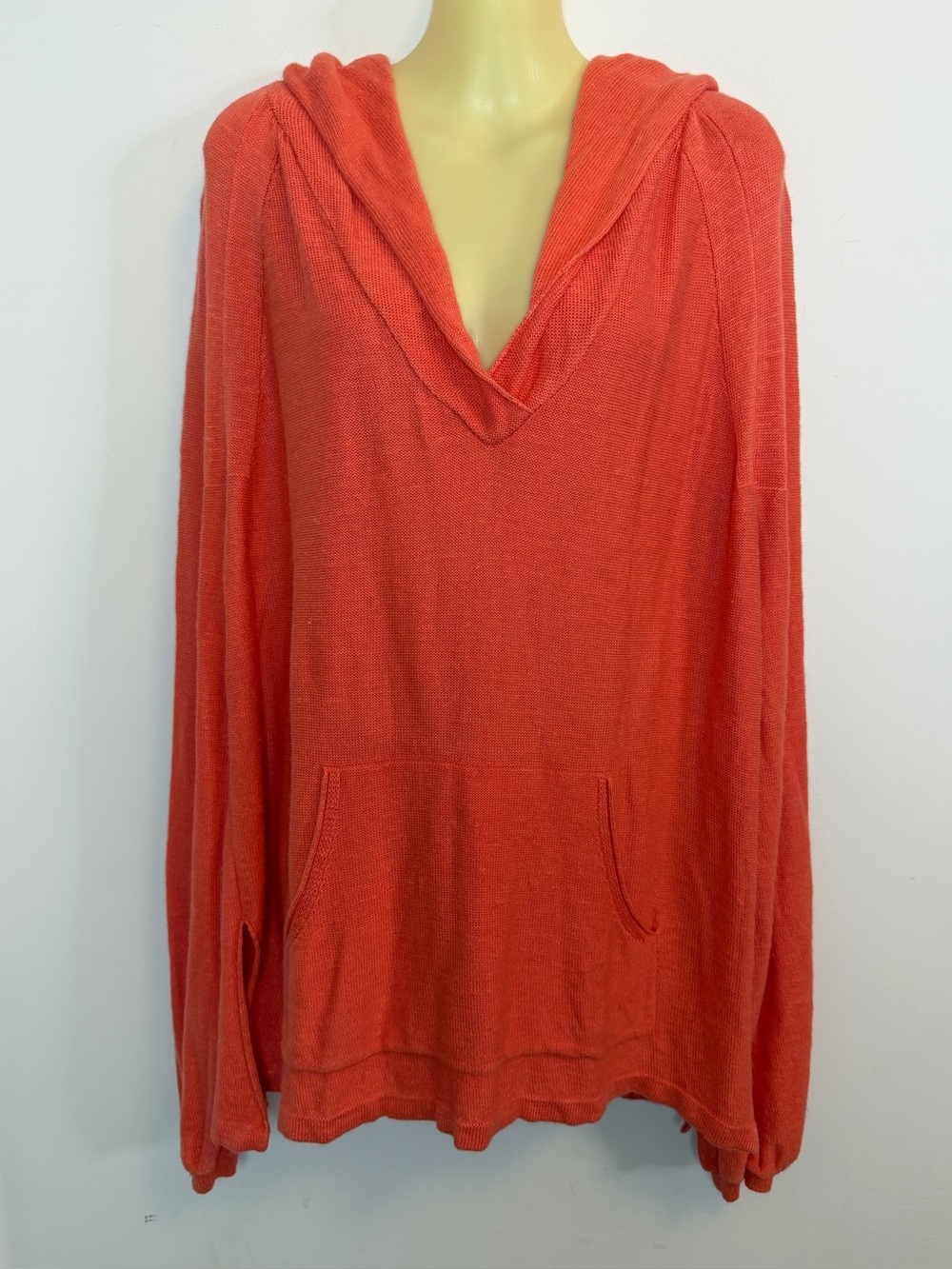 Free People Linen Knit Lightweight Hooded Pullover Sweater - Sunset Coral